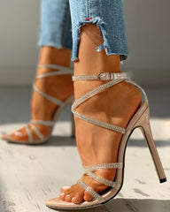 Summer Super High Heel Pointed Toe Rhinestone Buckle Sandals Apricot