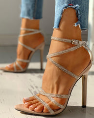 Summer Super High Heel Pointed Toe Rhinestone Buckle Sandals White