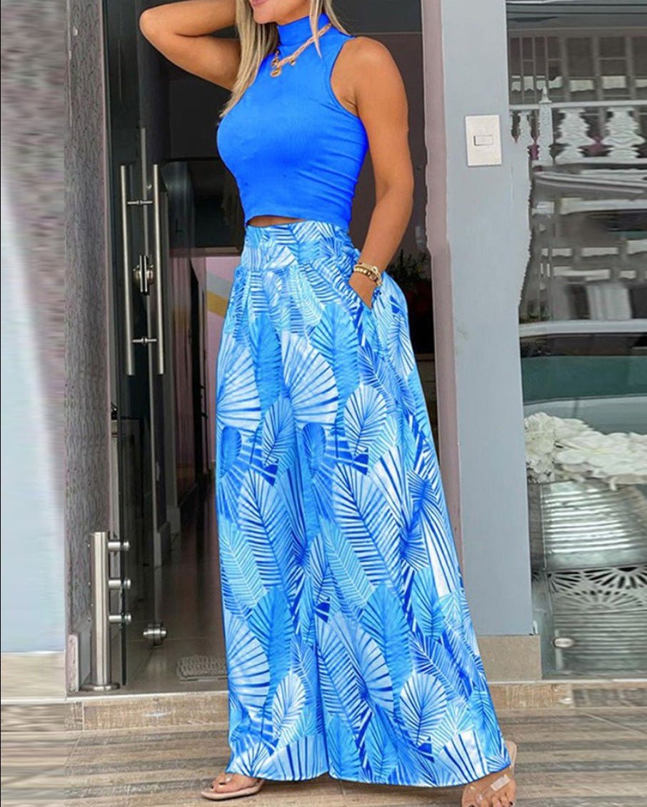 Summer Tropical Print Women's Two - Piece Set Blue