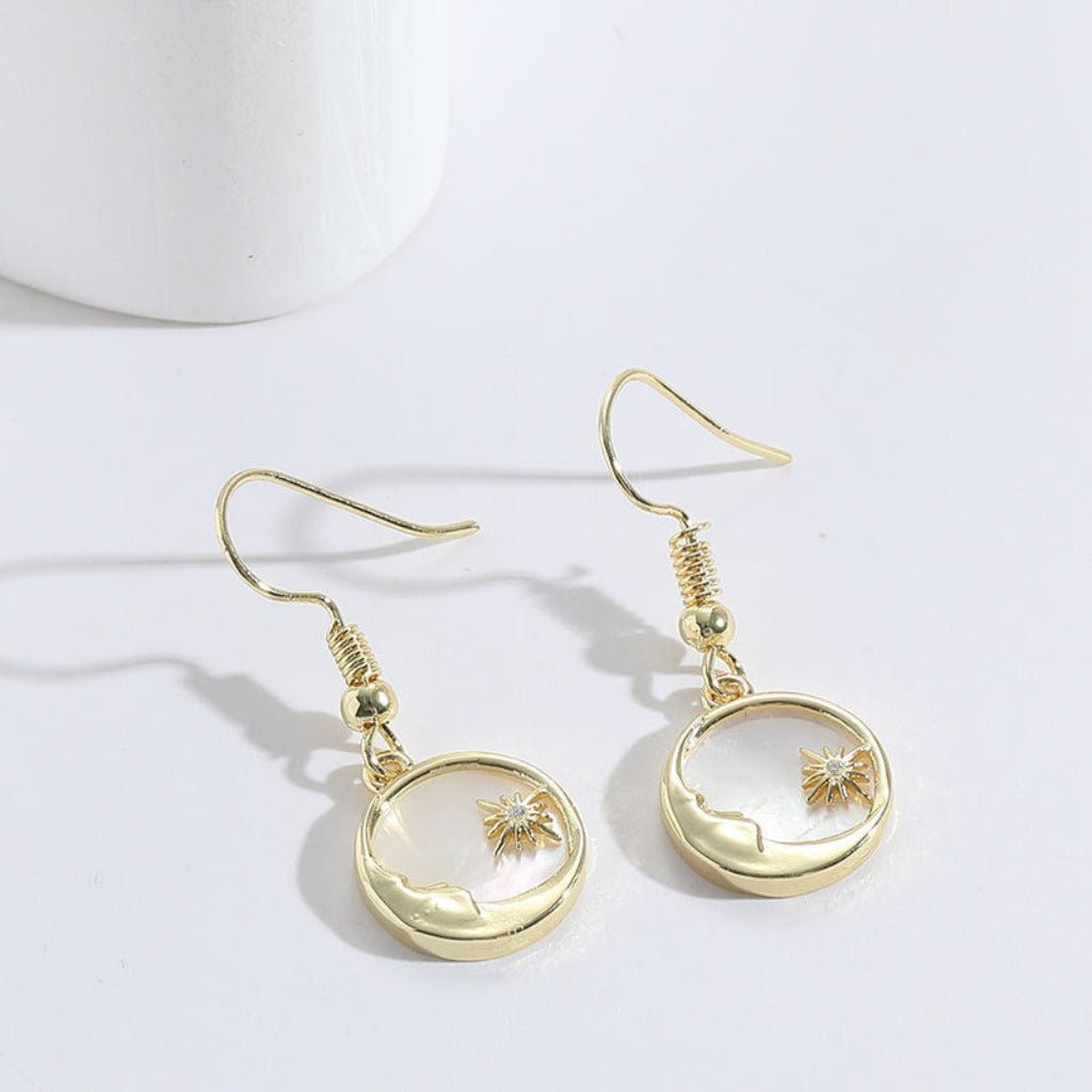 Sun Moon Shell Zircon Gold Earrings - 14k Real Gold Copper Jewelry Moon