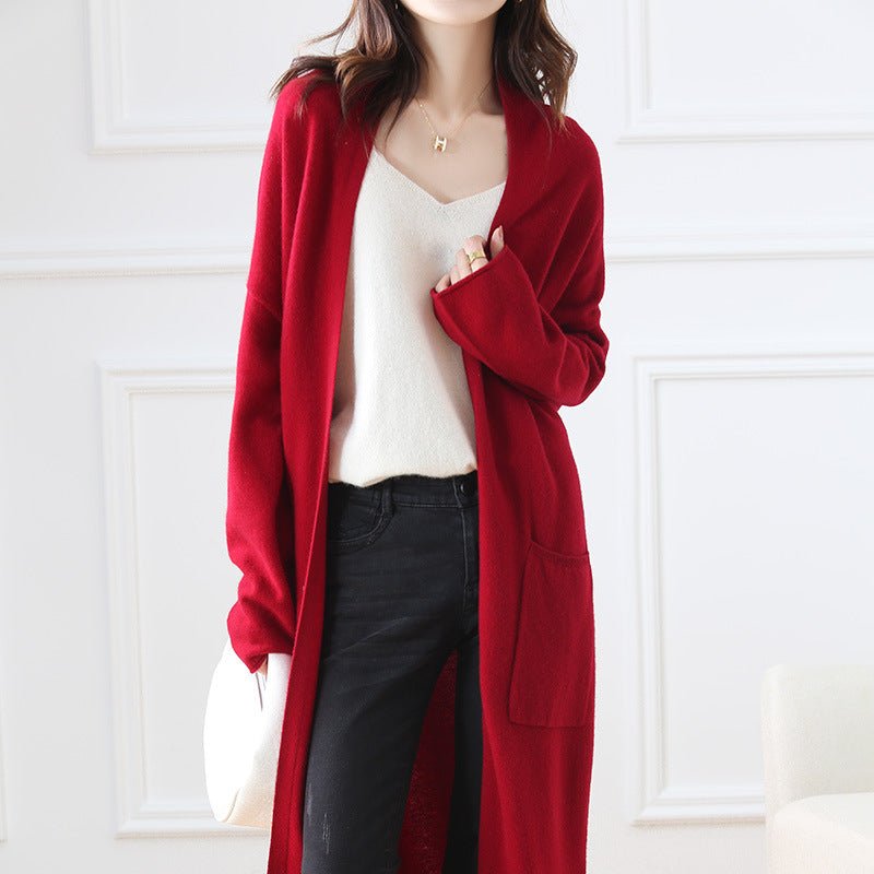 Super Cozy Cable Long Wool Chunky Open Front Knit Cardigan Women Wine Red