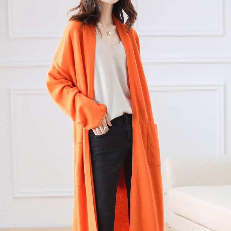 Super Cozy Cable Long Wool Chunky Open Front Knit Cardigan Women Orange