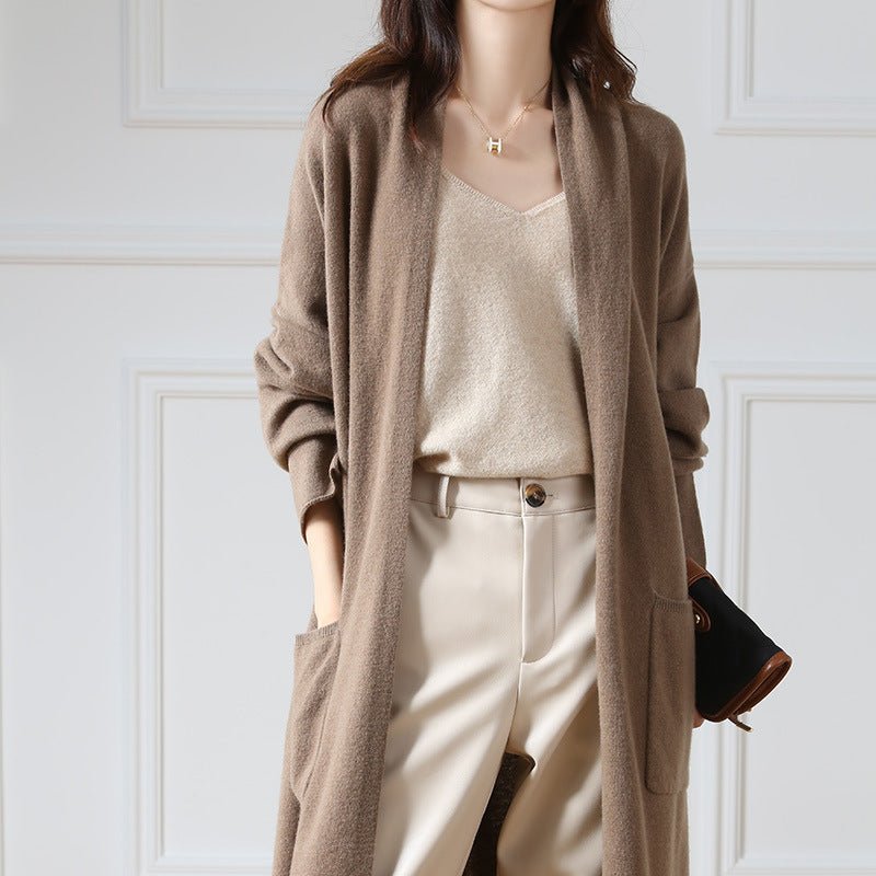 Super Cozy Cable Long Wool Chunky Open Front Knit Cardigan Women Dark Camel