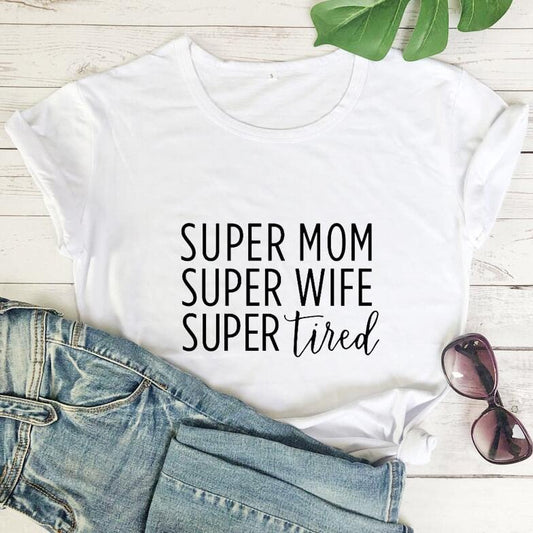 Super Tired Letter Print Round Neck T - shirt White