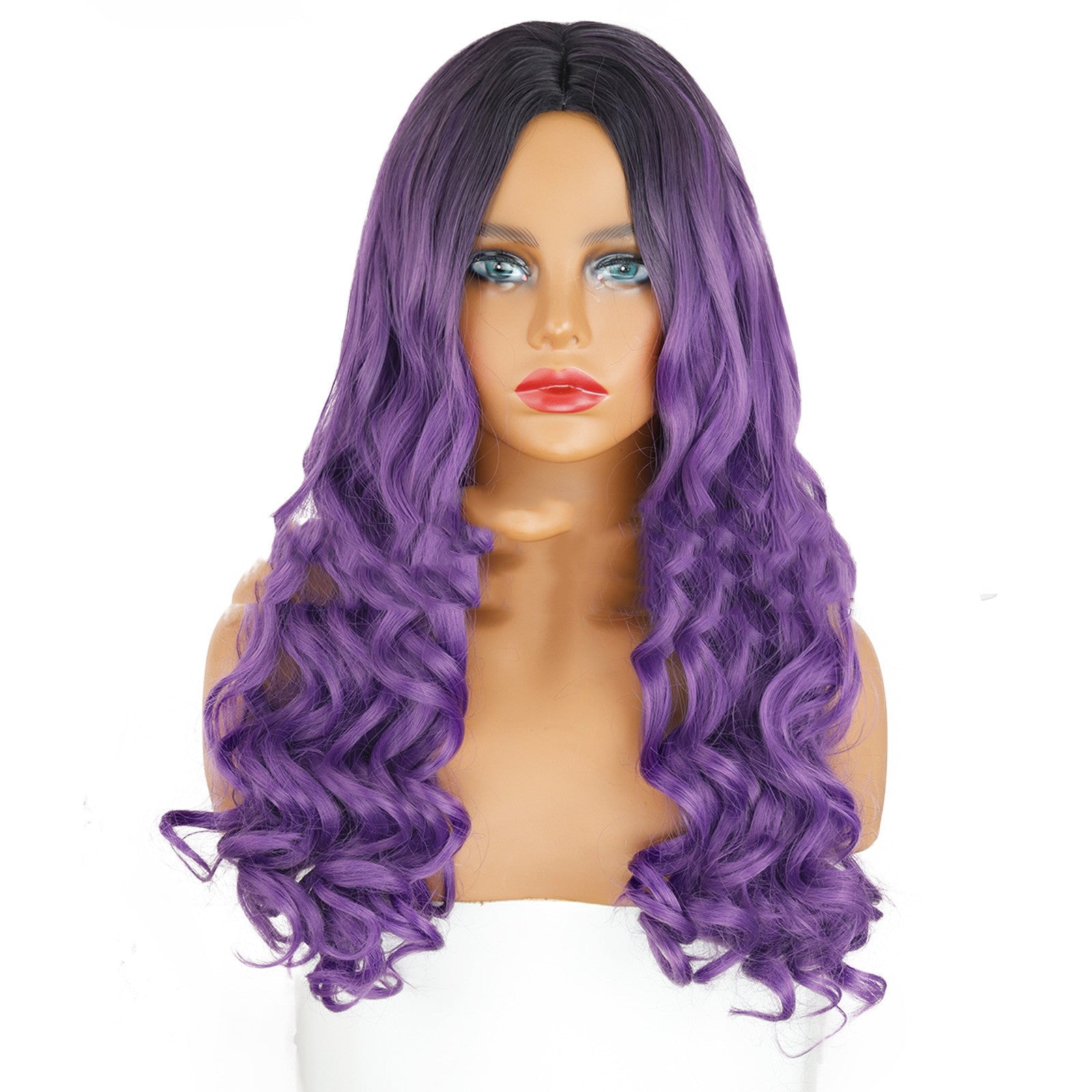 Synthetic Wig Headgear Gradient Big Wave Long Curly Hair and Bangs Purple