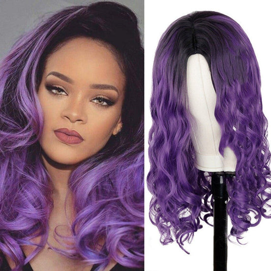 Synthetic Wig Headgear Gradient Big Wave Long Curly Hair and Bangs Purple