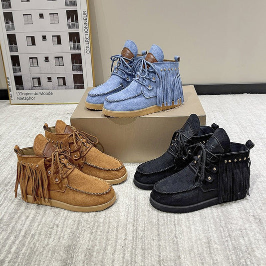 Tassel Lace - up Comfortable Flat Bottom Boots for Women Black