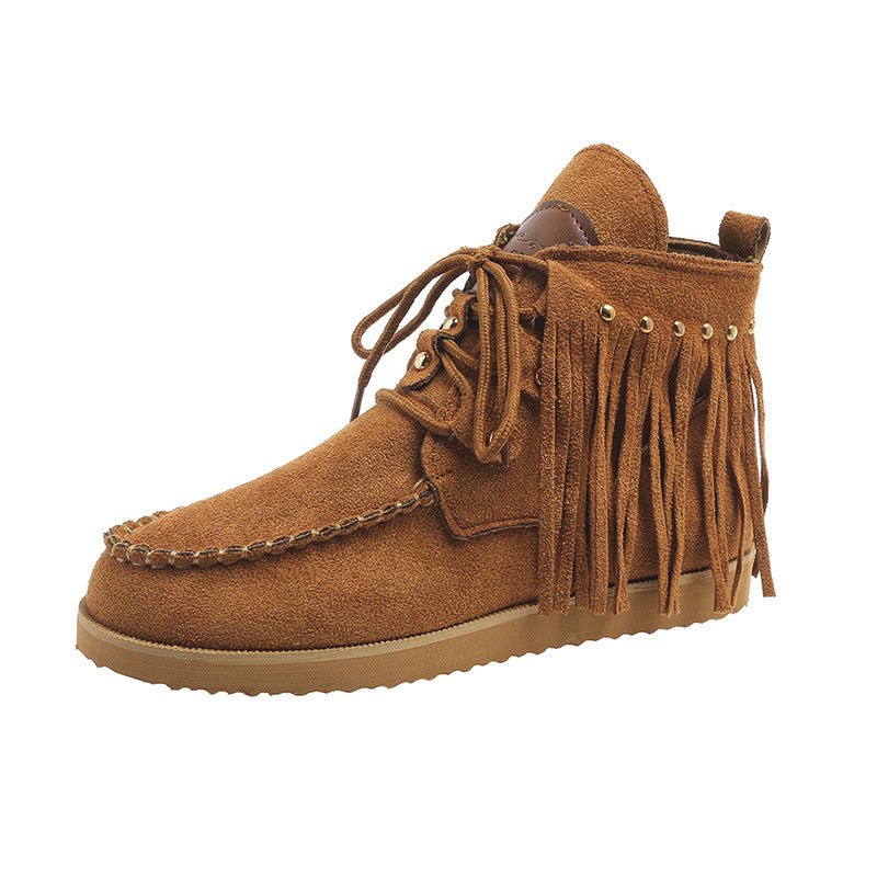 Tassel Lace - up Comfortable Flat Bottom Boots for Women Blue
