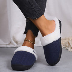 Thick Fabric Slippers Warm Couple Cotton Slippers Toe Cap Luxurious Navy Blue