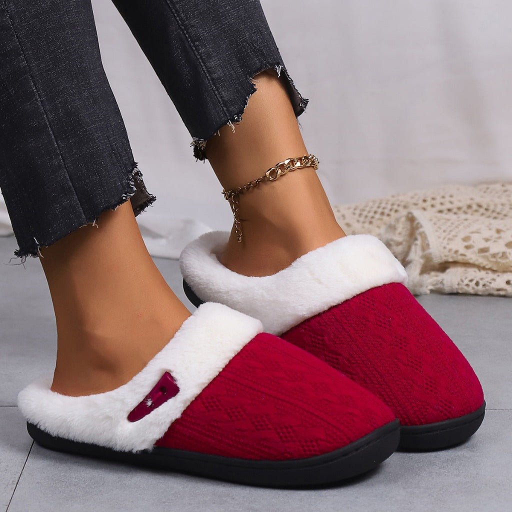 Thick Fabric Slippers Warm Couple Cotton Slippers Toe Cap Luxurious Wine red