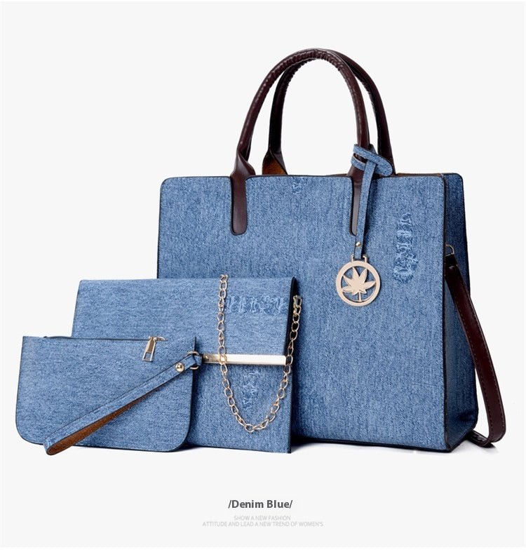 Three - piece Handbag Shoulder Crossbody Denim Blue