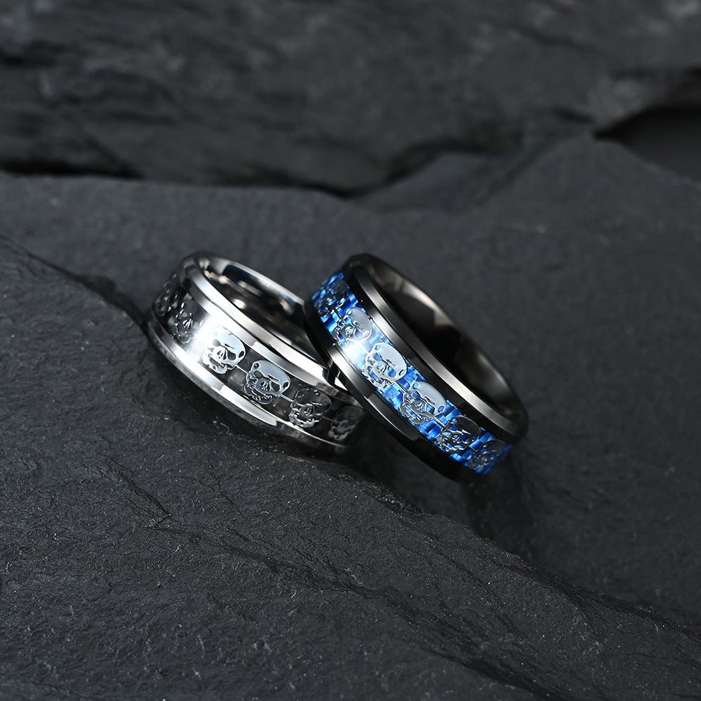 Trendy Male Ring with Personality Carbon Fiber and Skull Black