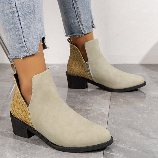 V - cut Side Zipper Boots Printed Square Heel Ankle Boots Beige
