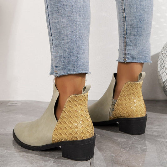 V - cut Side Zipper Boots Printed Square Heel Ankle Boots Beige