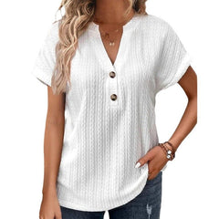 V - neck Batwing Sleeve Women's Button T - shirt in Solid Color White