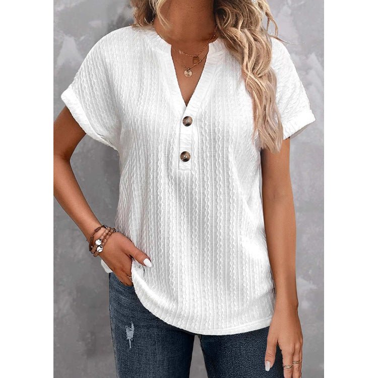 V - neck Batwing Sleeve Women's Button T - shirt in Solid Color White