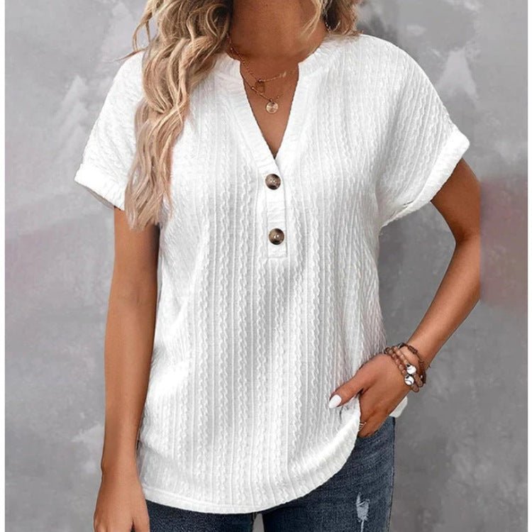 V - neck Batwing Sleeve Women's Button T - shirt in Solid Color White