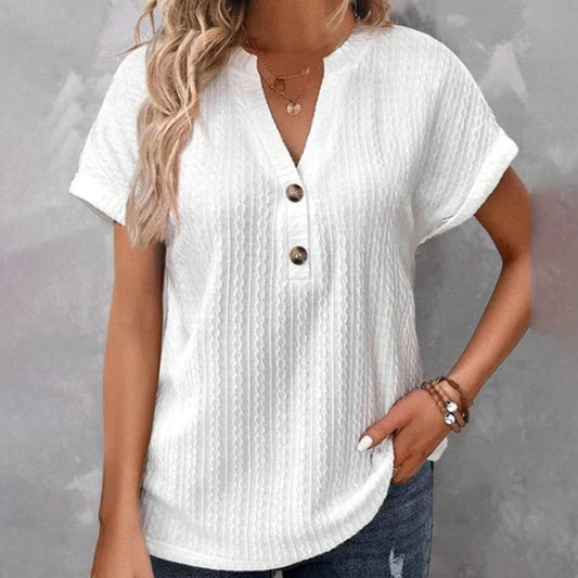 V - neck Batwing Sleeve Women's Button T - shirt in Solid Color White