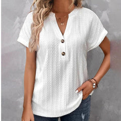 V - neck Batwing Sleeve Women's Button T - shirt in Solid Color White