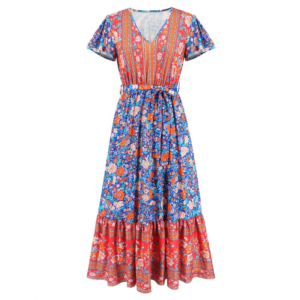 V - neck Ruffle Floral Print Dress for Women Blue