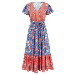 V - neck Ruffle Floral Print Dress for Women Blue