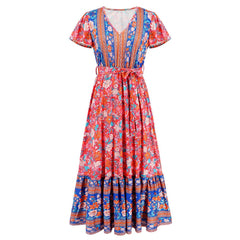 V - neck Ruffle Floral Print Dress for Women Blue