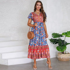 V - neck Ruffle Floral Print Dress for Women Blue