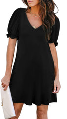 V - Neck Short Sleeve Pocket Dress in Solid Colors Black