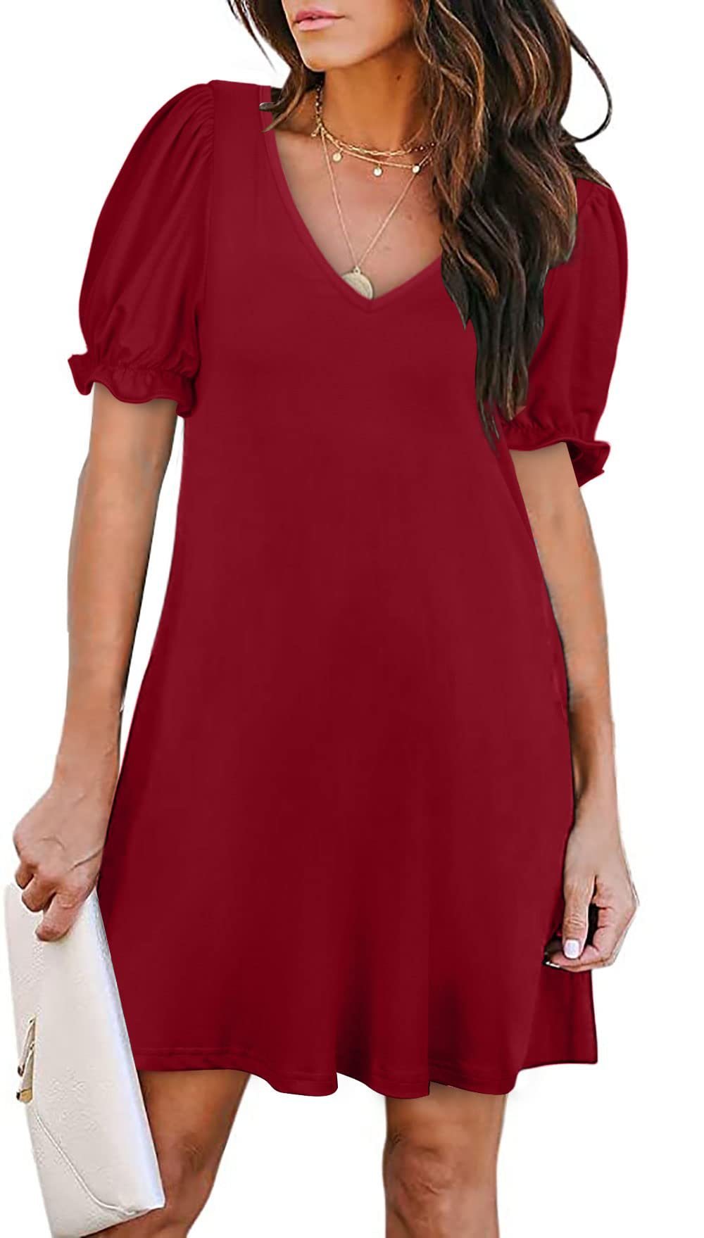 V - Neck Short Sleeve Pocket Dress in Solid Colors Red