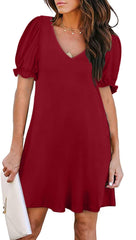 V - Neck Short Sleeve Pocket Dress in Solid Colors Red