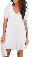 V - Neck Short Sleeve Pocket Dress in Solid Colors White