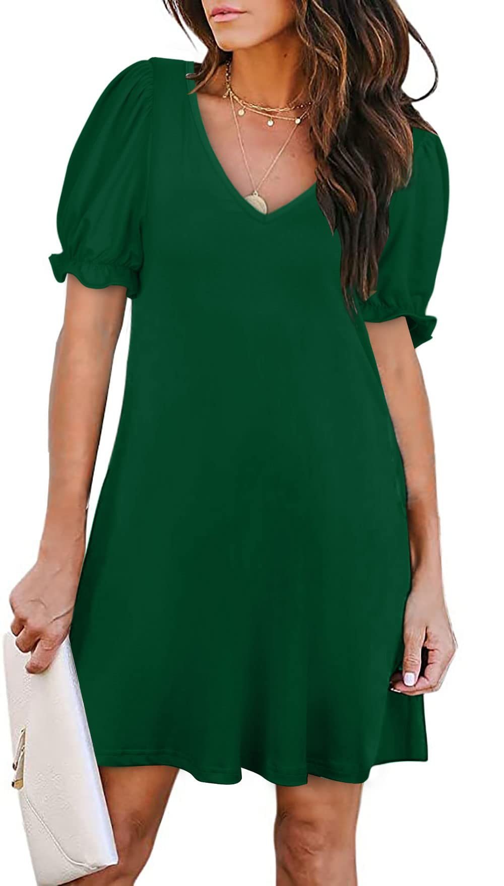 V - Neck Short Sleeve Pocket Dress in Solid Colors Green