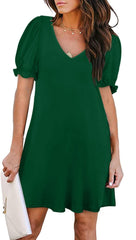 V - Neck Short Sleeve Pocket Dress in Solid Colors Green