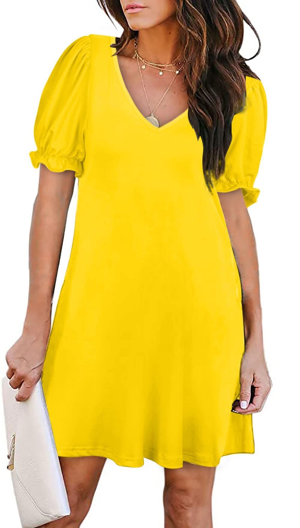 V - Neck Short Sleeve Pocket Dress in Solid Colors Yellow