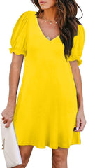 V - Neck Short Sleeve Pocket Dress in Solid Colors Yellow