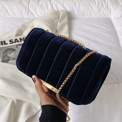 Velvet Chain Crossbody Clutch - One Shoulder Handbag Blue