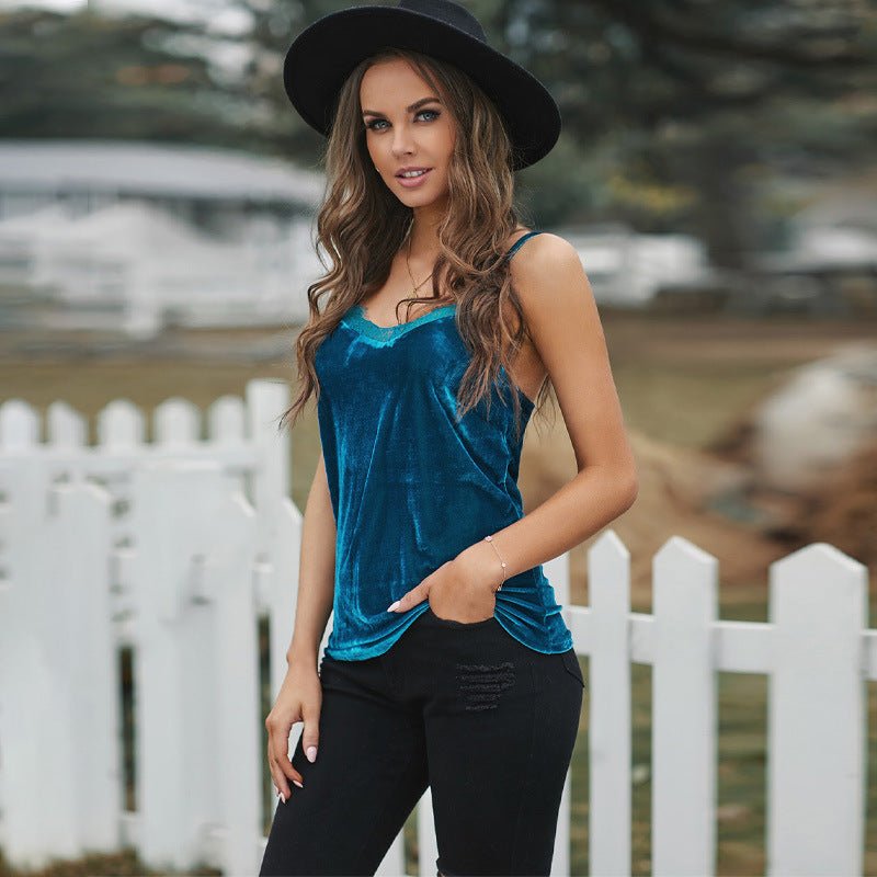 Velvet Spaghetti Straps Base Vest Inner Match Loose Lace Camisole Top Blue