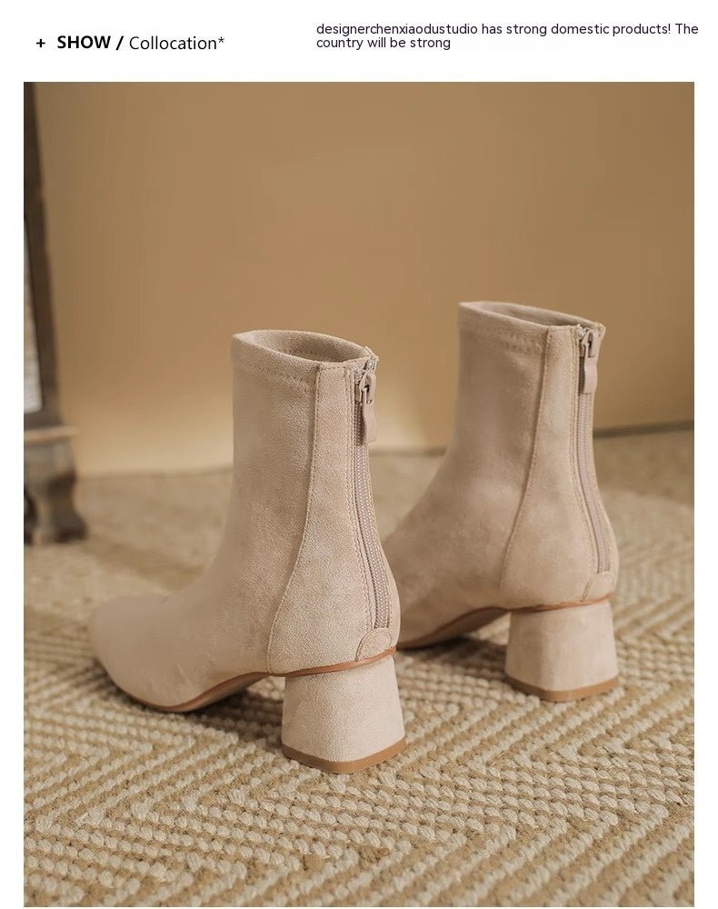 Versatile Ankle Boots Skinny Suede High Chunky High Heel Ankle Boots Beige plus velvet