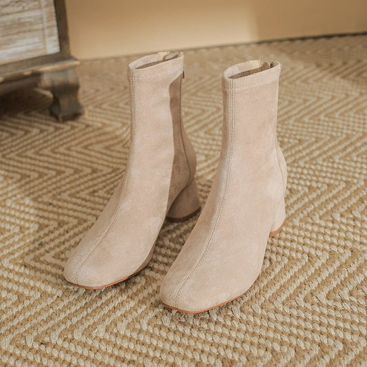 Versatile Ankle Boots Skinny Suede High Chunky High Heel Ankle Boots Beige