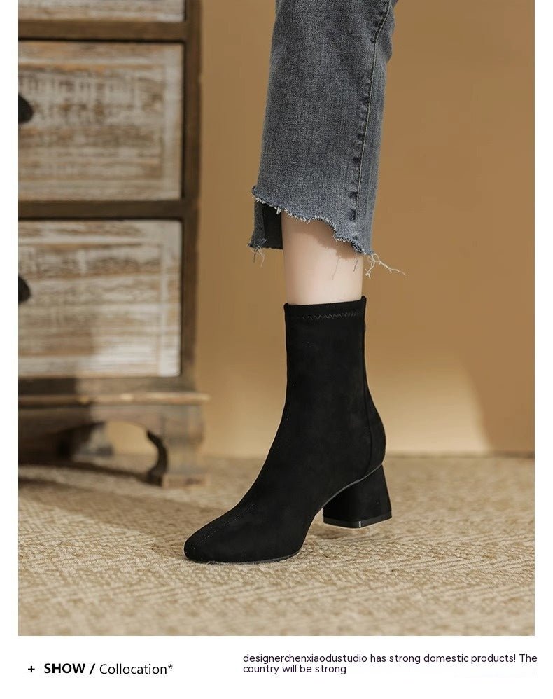 Versatile Ankle Boots Skinny Suede High Chunky High Heel Ankle Boots Black Single Liner