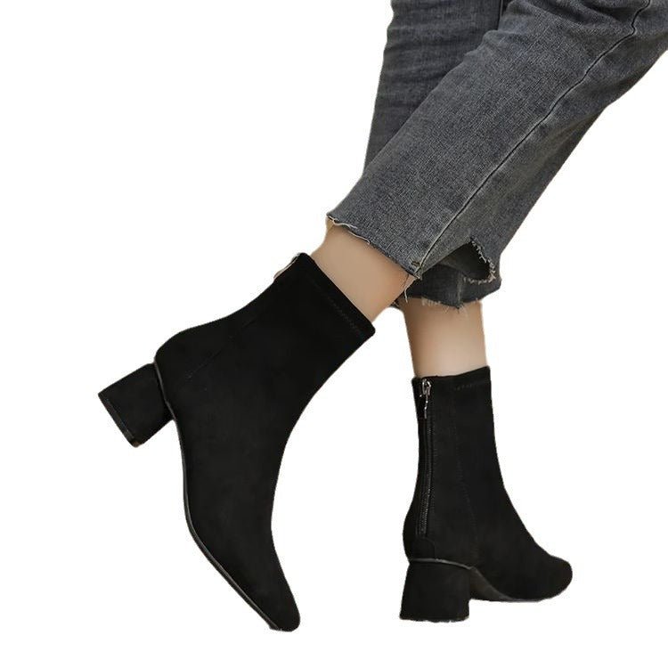 Versatile Ankle Boots Skinny Suede High Chunky High Heel Ankle Boots Black Single Liner