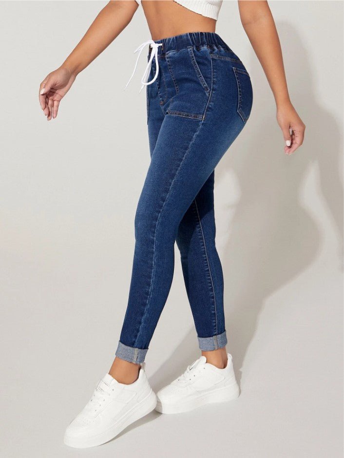 Versatile Drawstring On - Trend High Stylish Skinny Jeans Navy Blue