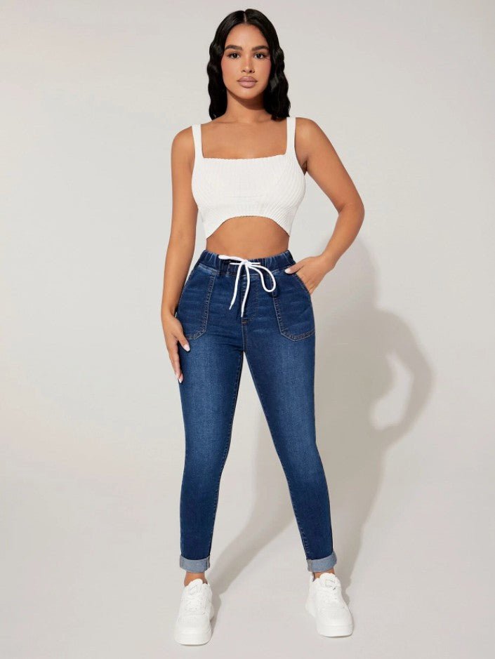 Versatile Drawstring On - Trend High Stylish Skinny Jeans Navy Blue