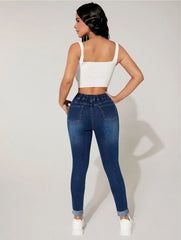 Versatile Drawstring On - Trend High Stylish Skinny Jeans Navy Blue