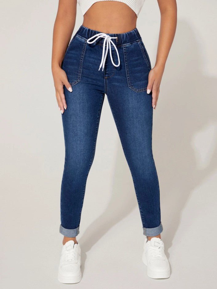 Versatile Drawstring On - Trend High Stylish Skinny Jeans Navy Blue