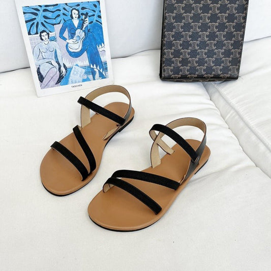 Versatile Gladiator Cross Buckle Roman Flat Sandals Women's Shoes Black