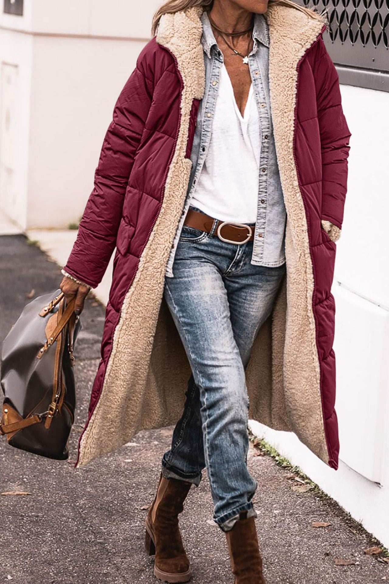 Versatile Hooded Cotton Long Sleeve Double - sided Wear Cardigan Coat Wine Red