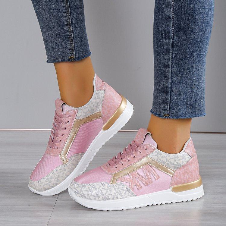 Versatile Knit Casual Printing Lace Up Round Toe Sneaker Running Shoes Pink