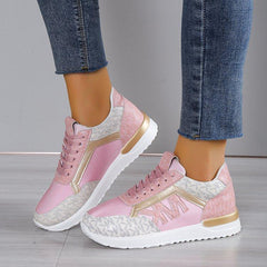 Versatile Knit Casual Printing Lace Up Round Toe Sneaker Running Shoes Pink