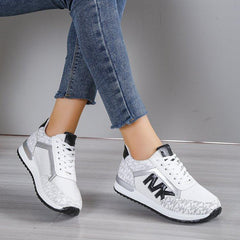 Versatile Knit Casual Printing Lace Up Round Toe Sneaker Running Shoes White